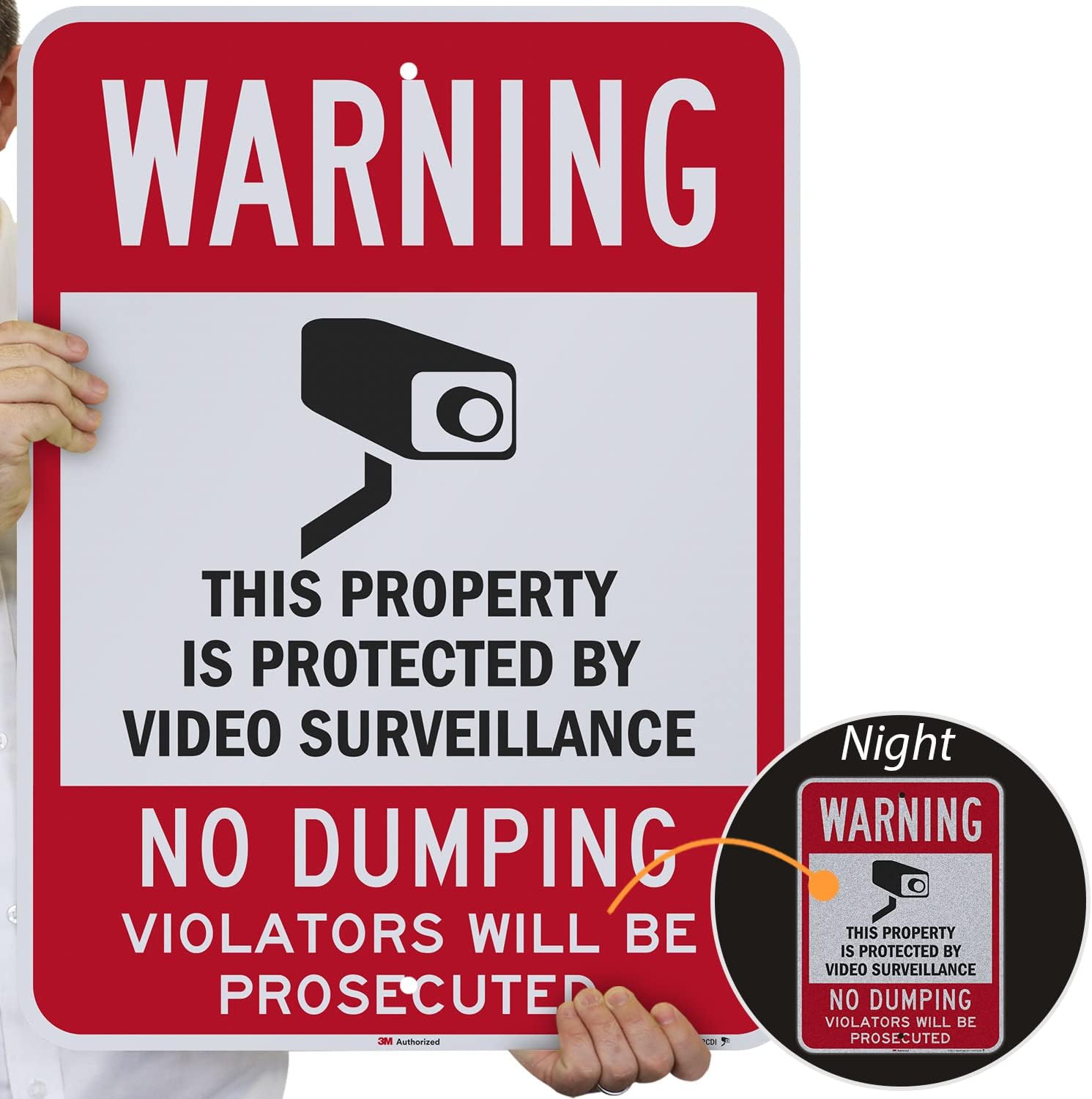SmartSign - K-7484-EG-18x24 Warning - Property Protected By Video Surveillance, No Dumping Sign By | 18" x 24" 3M Engineer Grade Reflective Aluminum Black/Red on White