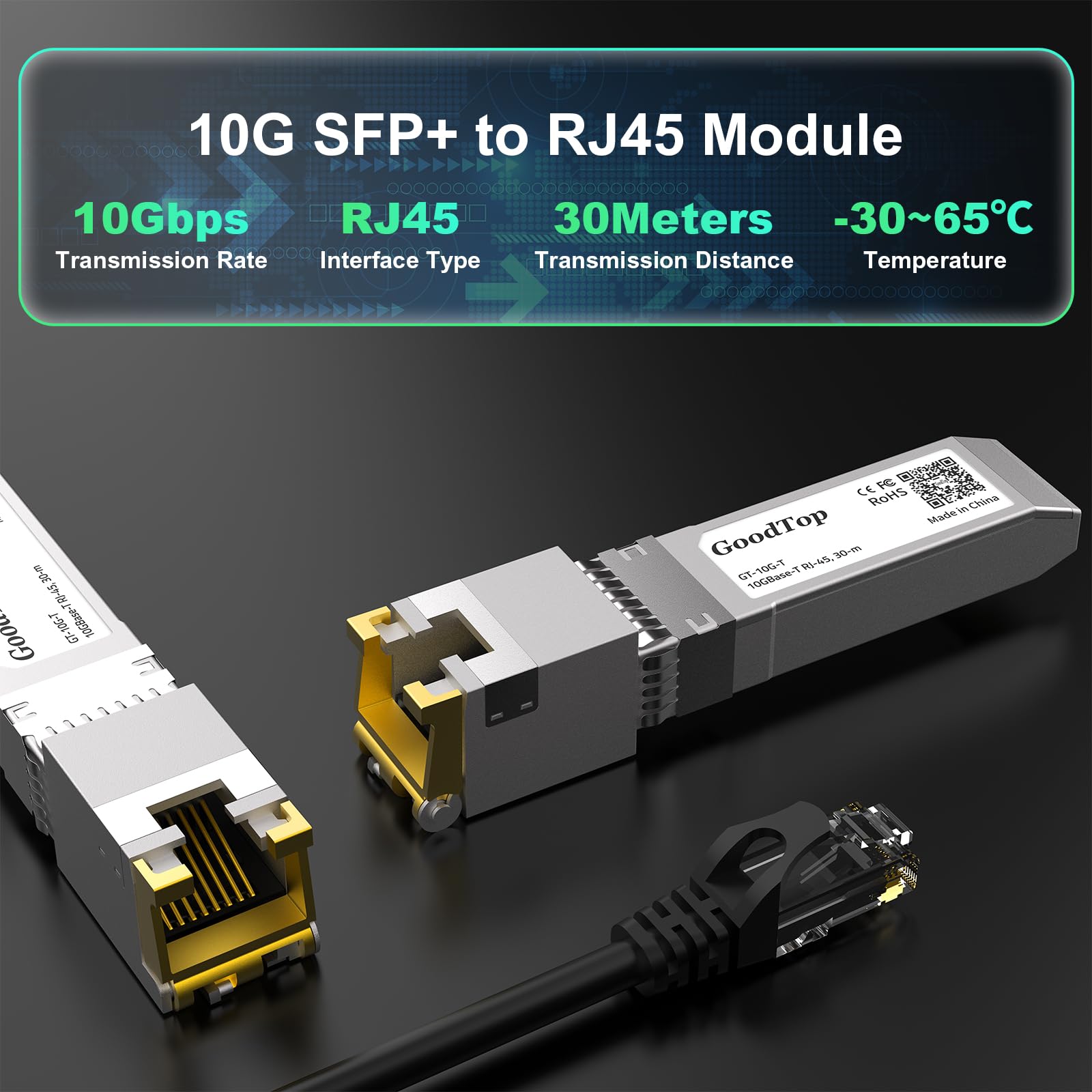 GoodTop 10G SFP+ Copper Transceiver,10GBase-T SFP to RJ45 10Gb Module,SFP+ to Ethernet,Plug and Play,Hot Pluggable,1G/2.5G/10G Adaptive