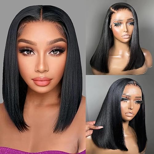 Peluca de cabello humano Bob de 14 pulgadas, densidad del 180%, pelucas de encaje frontal HD de 13 x 4, pelucas de cabello humano prearrancado con