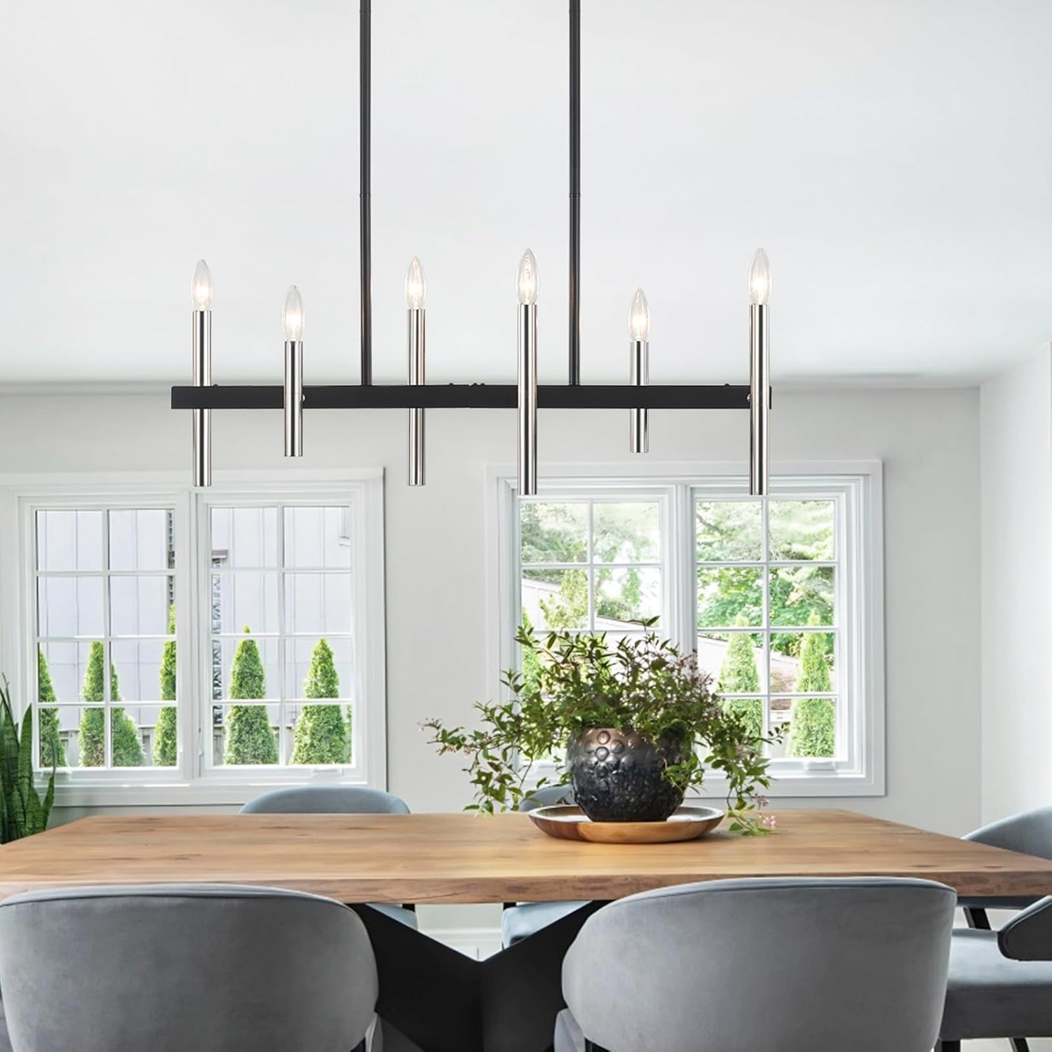 Kitchen Island Lighting 6 Lights 31.89" L Black Chandeliers for Dining Room Light Fixture Linear Chandeliers Over Table Rectangle Farmhouse Pendant Lighting Fixtures Hanging for Living Room Entryway