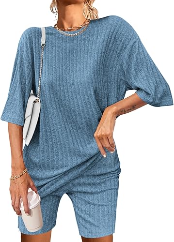 Ekouaer Pajamas 2 Piece Lounge Sets Ribbed Knit Matching Outfits T-shirt Biker Shorts Sleepwear Loungewear Sweatsuits