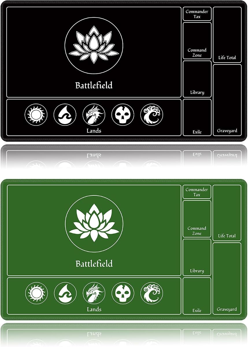 Card Playmat Stitched with Magic Zones, Game Mats Tabletop 24x14 inch for MTG/TCG Card Battles Commander Deck Gaming Desk Mat Duel Mat Card Gameplay Mats for Beginner (Black, Green, 2 Pack)