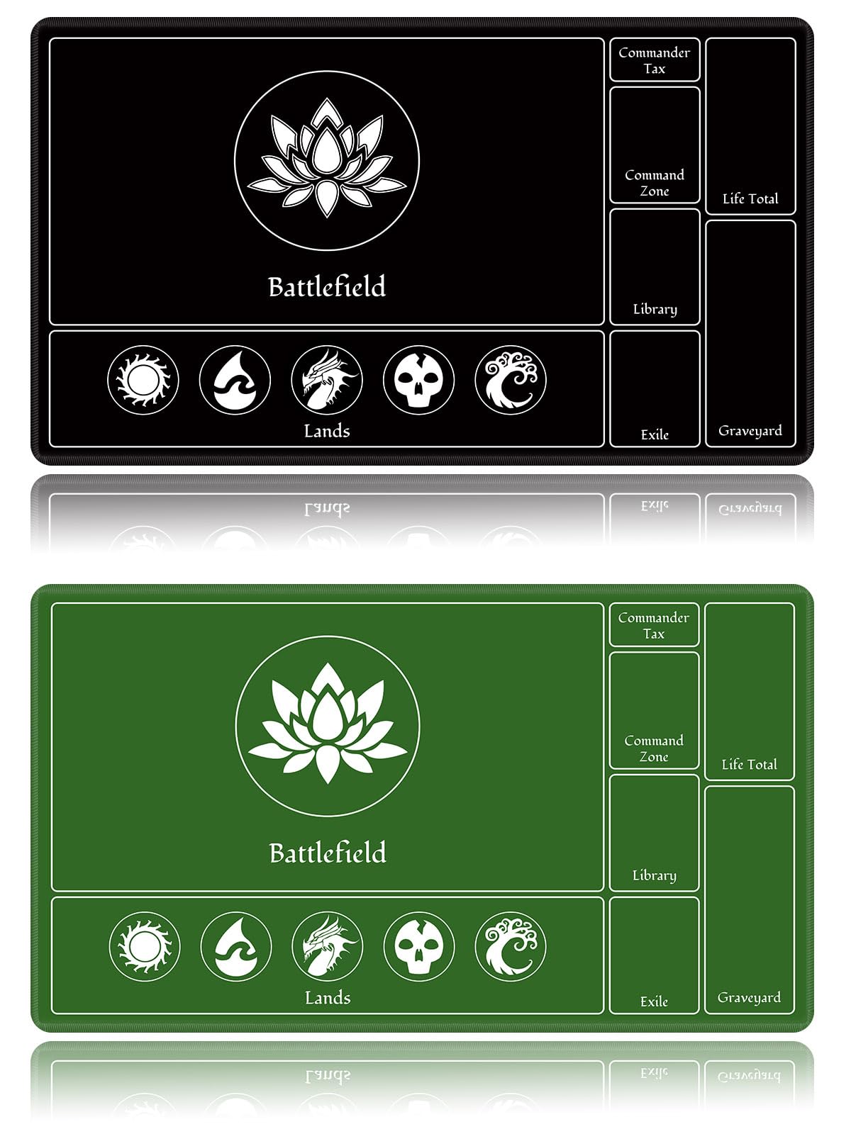 Card Playmat Stitched with Magic Zones, Game Mats Tabletop 24x14 inch for MTG/TCG Card Battles Commander Deck Gaming Desk Mat Duel Mat Card Gameplay Mats for Beginner (Black, Green, 2 Pack)