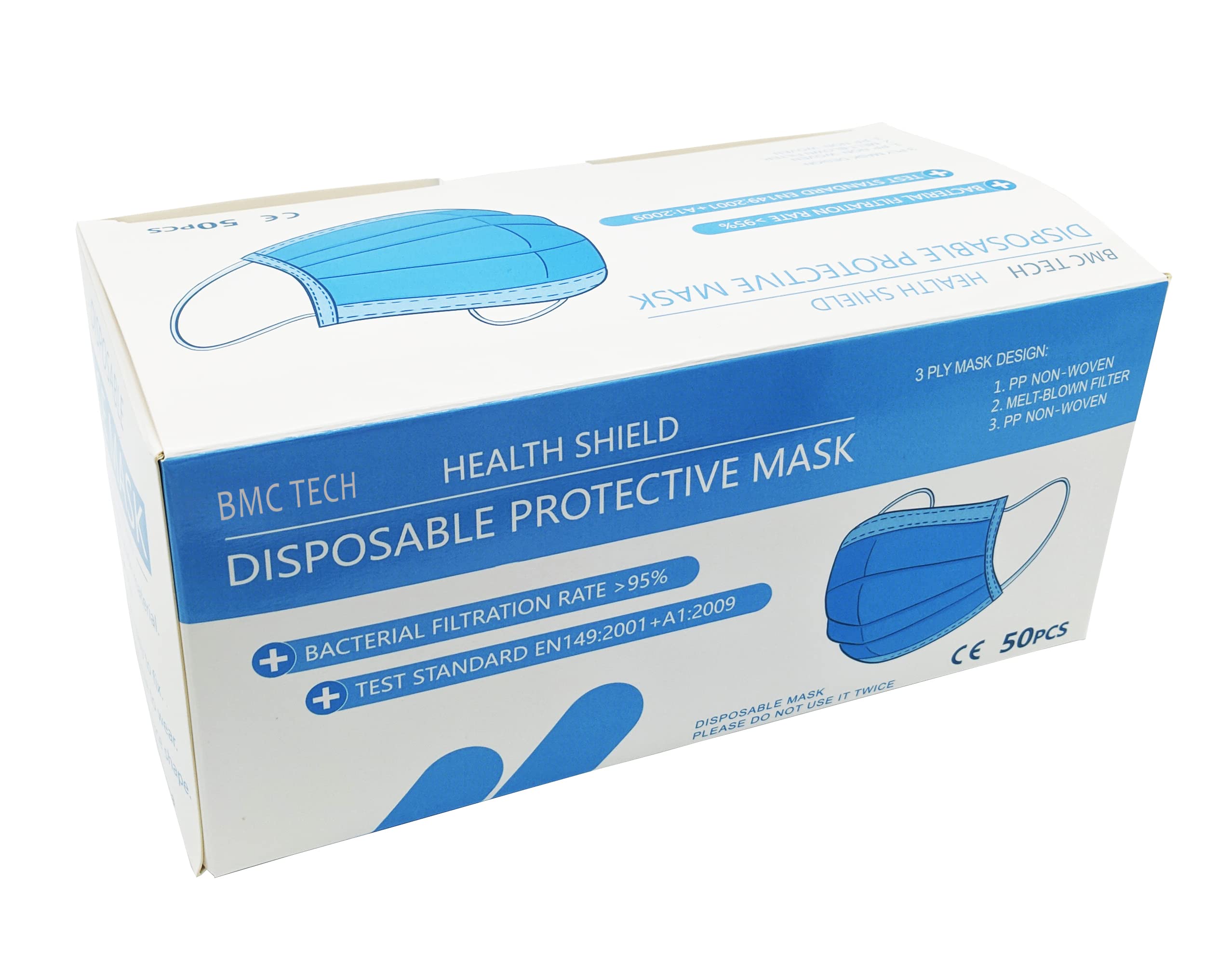 FACE MASK - 3PLY - 50Pcs - Nose & Mouth Cover with 3-Layer Material, Elastic Ear Loops & Comfortable Universal Design for ...