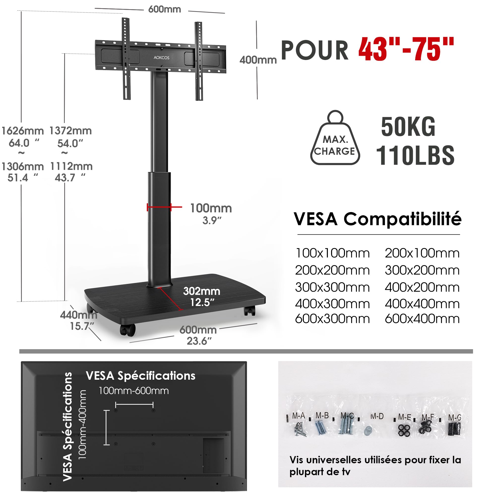 AOKCOS Support TV roulettes pour TV de 43-75 Pouces - Support TV sur Pied Plus Haut 1306 MM-1626 MM Pivotant 50° Inclinaison 12° jusqu'à 50 KG Max. VESA 600x400mm