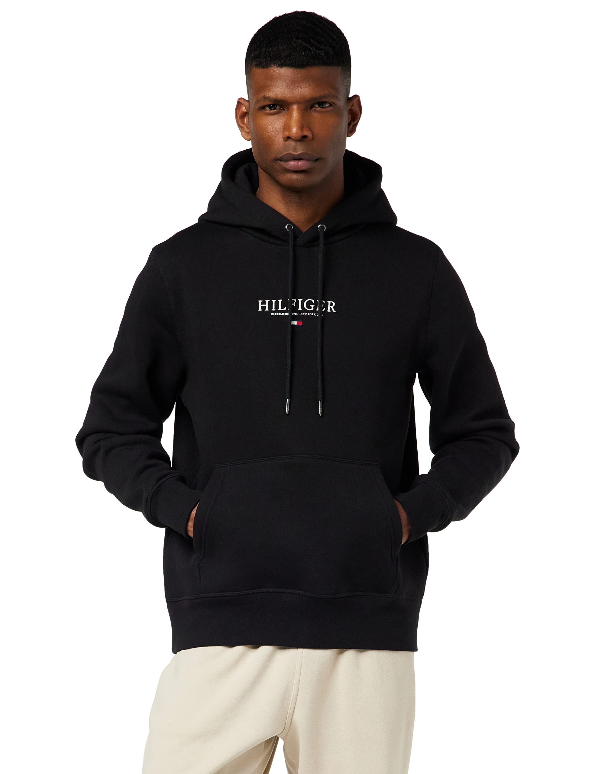 Tommy Hilfiger Męska bluza z kapturem z logo Hilfiger, czarna, S, Czarny, S