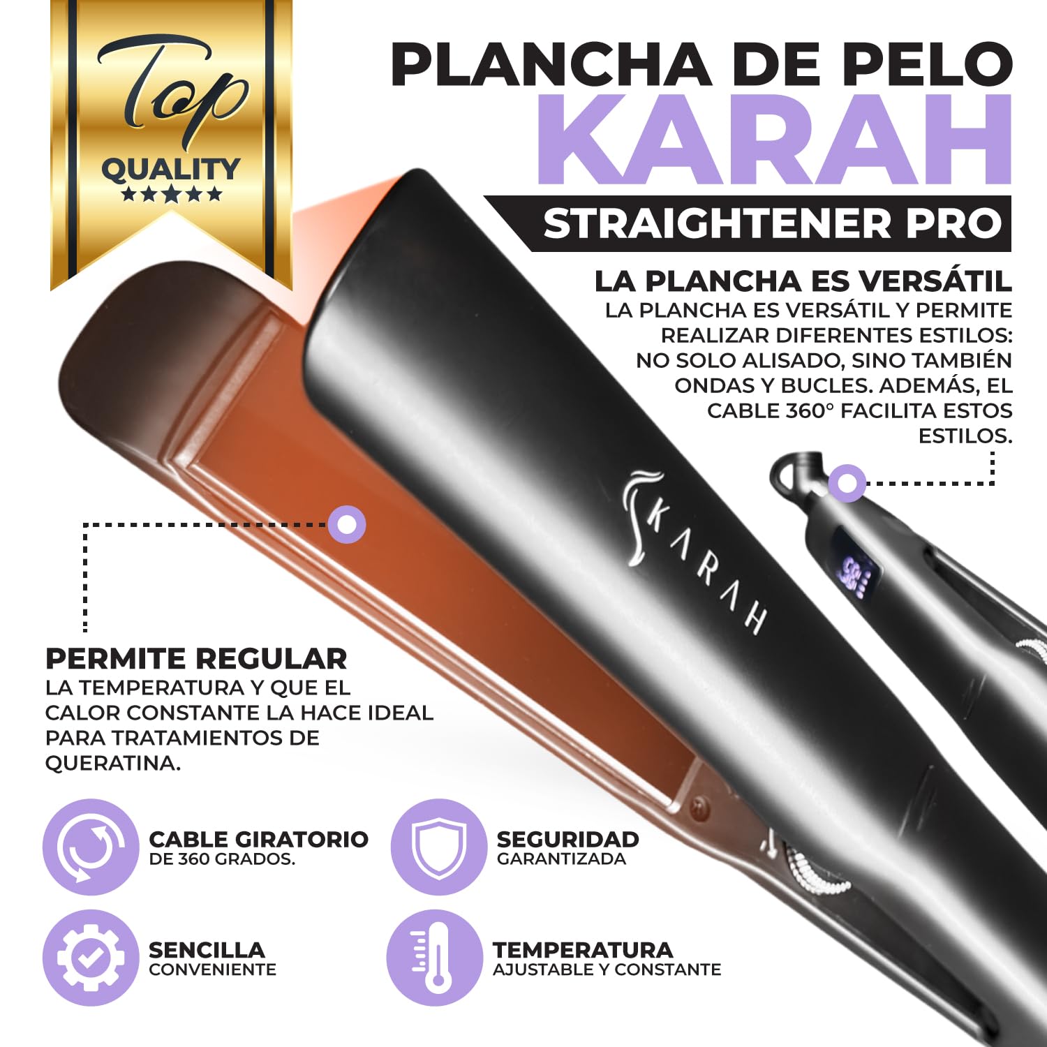 Karah Straightener Pro - Plancha del pelo profesional con placas de titanio, plancha para cabello con iones, temperatura máxima 250º para alisar y ondular, perfectas ondas surferas. Hair Straightener