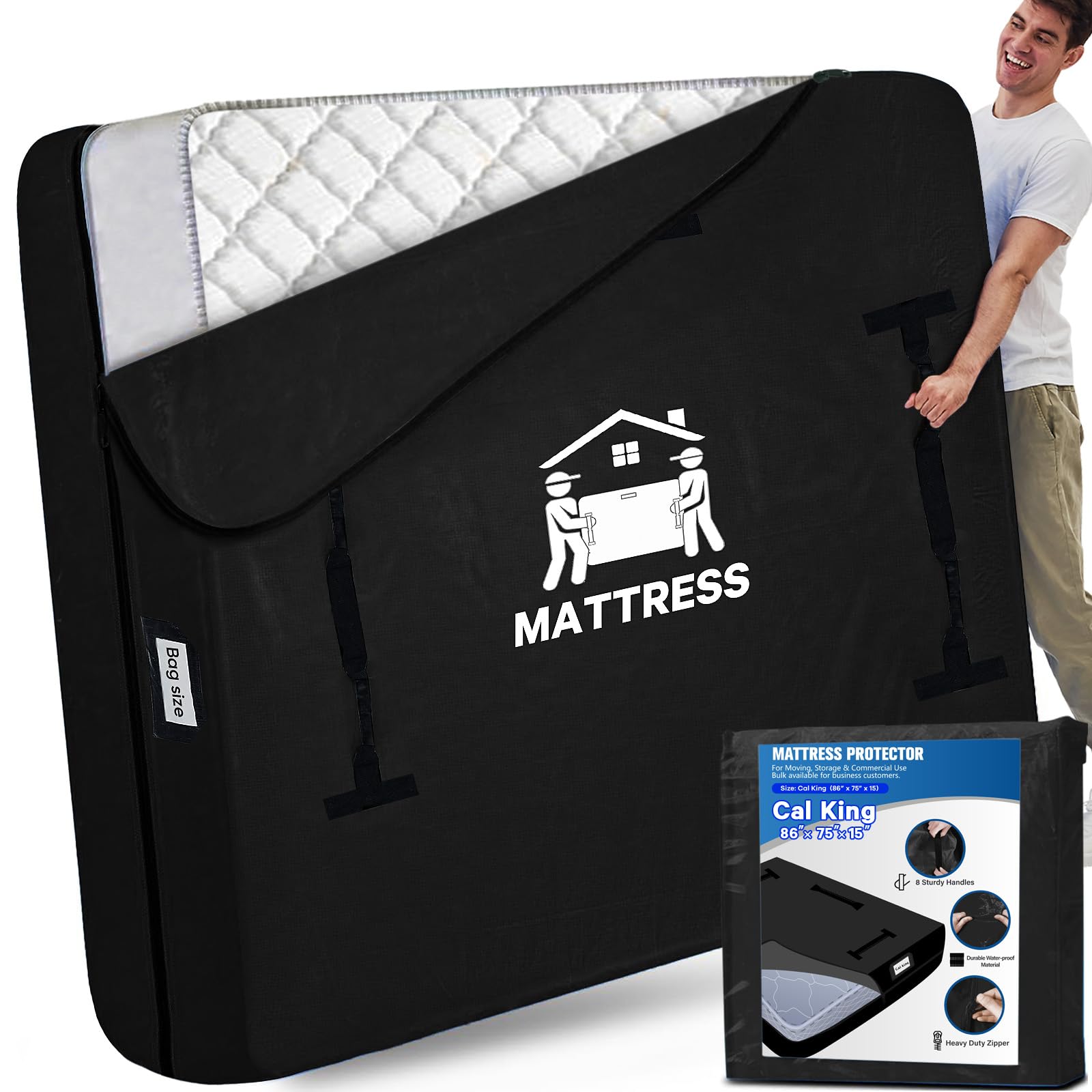 Mattress Bags for Moving, BETU Mattress Protector Waterproof Mattress Cover Cal King Size Storage Bags with 8 Heavy-Duty Handles and Zipper for Bed Extra Thick Large Reusable(86"x75"x15" Black) Cal King 1 Pack (86"x 75"x15") Black