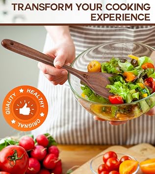 Wooden Spoons for Cooking, Natural Premium Teak Wooden Spoons, Good Grip Large Cooking Spoons and Wooden Spatula, Heat Resistant Wooden Cooking Utensils for Nonstick Cookware Serving, Perfect Gifts