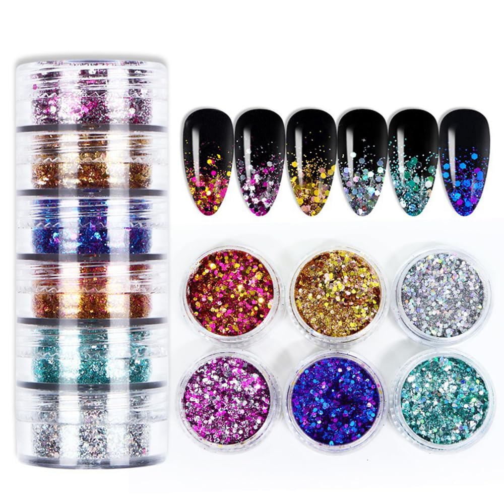 S.A.V.I 6 Jars Mixed Color Nail Glitter Sequins Set - Holographic Gold, Fuchsia, Blue, Silver & More | 35g Each | DIY Nail Art Decoration for Gel, Acrylic, Natural Nails | Festival & Party Shine-image-4