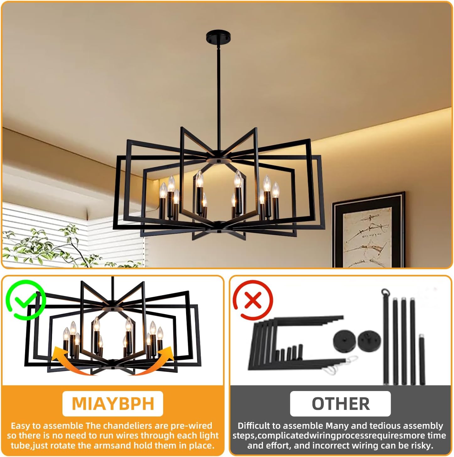 Black Chandelier for Dining Room,10-Light Kitchen Chandelier Light Fixture Modern Farmhouse Geometric Metal Hanging Industrial Chandeliers for Entryway Kitchen Island Foyer Lighting Fixtures