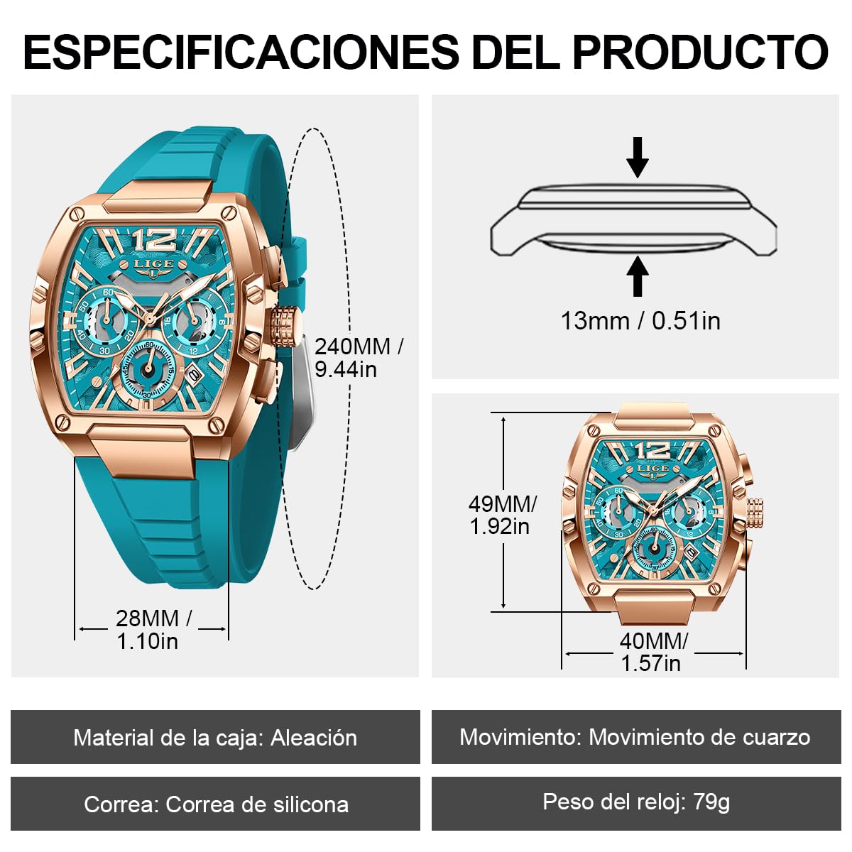 LIGE Reloj Hombre Cronógrafo Analógico de Cuarzo - Diseño Tonel Deportivo | con Correa de Silicona para Negocios y Ocio, con Calendario y Agujas Luminosas, Resistente al Agua 3 ATM, Regalo para Hombre