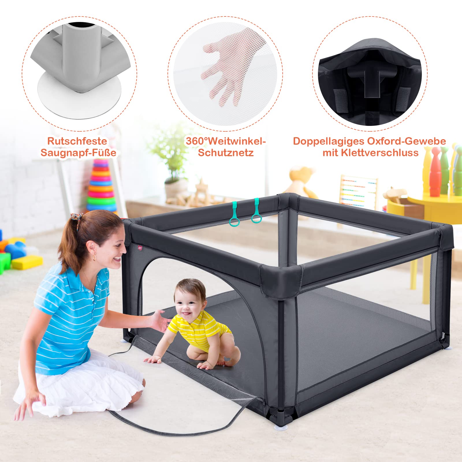 COSTWAY 120 x 120cm Baby Laufstall mit 50 Spielbällen, Laufgitter mit atmungsaktivem Netz und Reißverschluss, Krabbelgitter mit Tür, Laufgitterzelt für Säuglinge und Kleinkinder (Dunkelgrau)