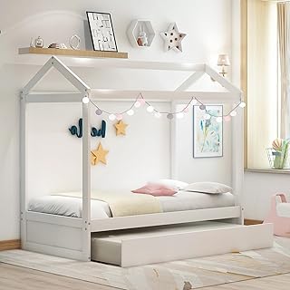 P PURLOVE Twin Size Wooden House Bed House Bed Frame with Trundle, Wood House Bed for Boys Girls Teens Dormitory/No Box Spring Needed/White