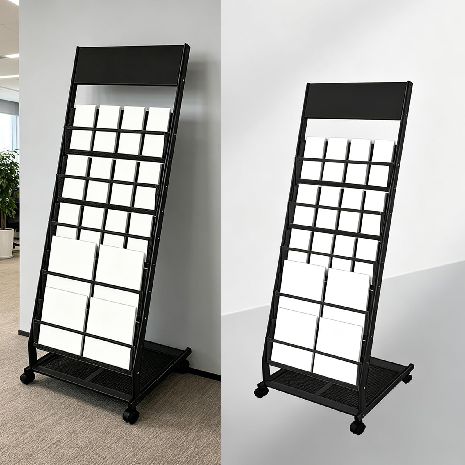 Cjwkxqol Black Floor Standing Magazine Rack, Metal Mesh Brochure Display Stand With Wheels Top Billboard For Office Lobby Exhibition Hospital
