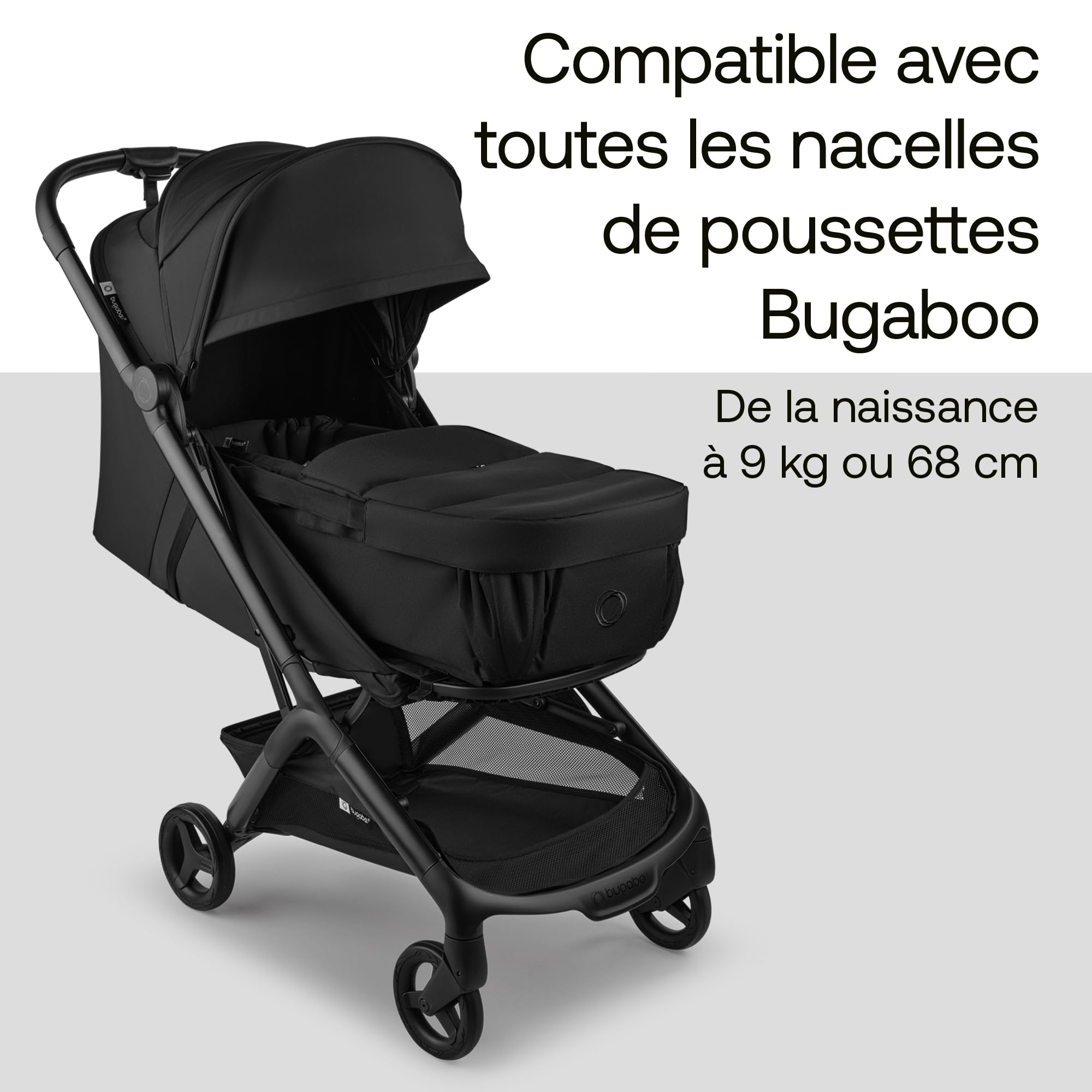 Bugaboo Baby Nest – Nacelle & chancelière 2-en-1, Sangles de Transport, se déplie en Matelas Coton et Tapis de Jeu, Compatible avec Les poussettes, utilisable dès la Naissance – Heritage Black
