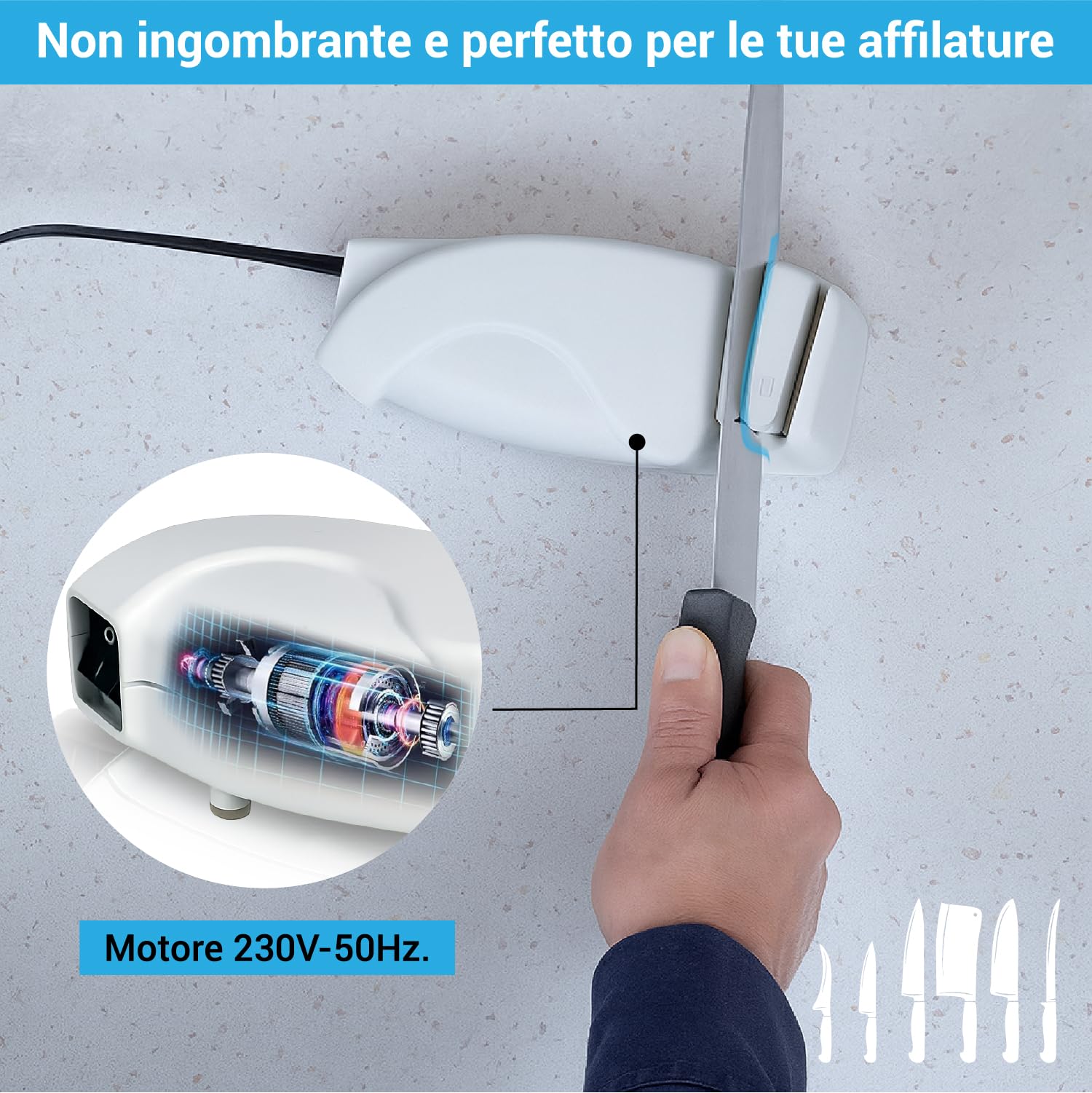 Crisalide® - Affilatrice Elettrica per Coltelli e Forbici 230V – Affilacoltelli da Cucina con Ruota Abrasiva e Mola Interna 34 mm – Compatta, Precisa e Facile da Usare