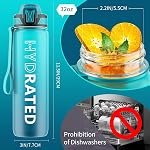 QLUR Bouteille d'eau avec paille, 32oz Bouteille d'eau motivation sportive avec marquages de temps à boire & Porte une sangle & Brosse propre, 1L, Tritan, BPA Gratuit. LeakProof pour les femmes Gym Fitness Outdoor (1 Boîte)
