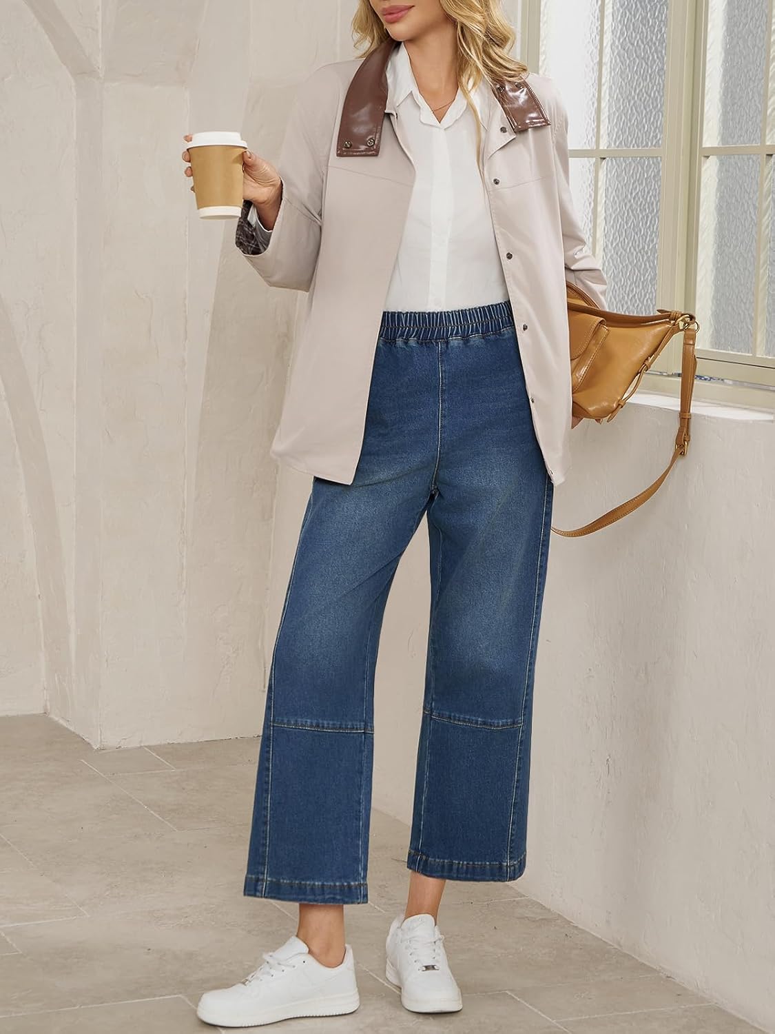 Cicy Bell Womens Baggy Cropped Jeans Elastic High Waisted Wide Leg Trendy Stretchy Seam Barrel Capri Denim Pants - Image 4