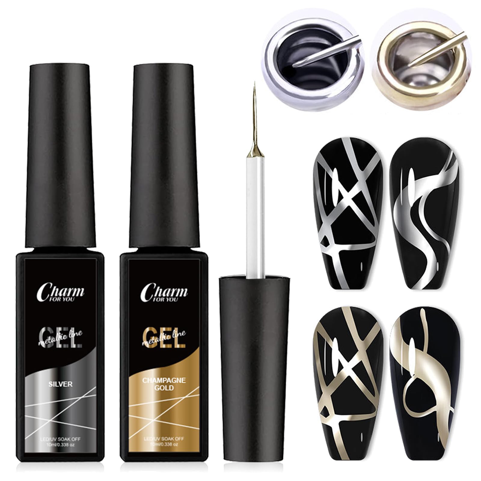 EONFAVE2PC Metallic Gel Liner Nail Polish Set - Silver Gold Gel Nail Art Polish - Mirror Chrome 3D Effect Gel Nail Polish Soak Off Nail Gel with Build in Thin Brush for Swirl Nail Design