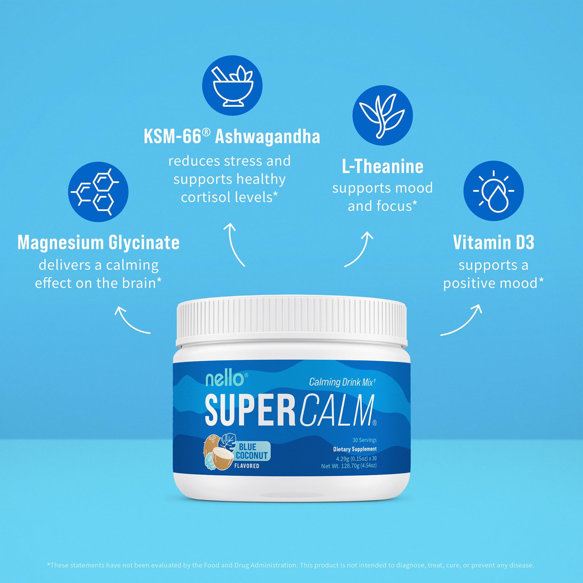 Nello Supercalm Powdered Drink Mix Tub, Cortisol Reducer* and Sleep Aid Supplement, L Theanine, Ksm-66 Ashwagandha, Magnesium Glycinate, Vitamin D 3, No Sugar, Non GMO, On The Go, 30 Ct, Blue Coconut — Amazon image 5