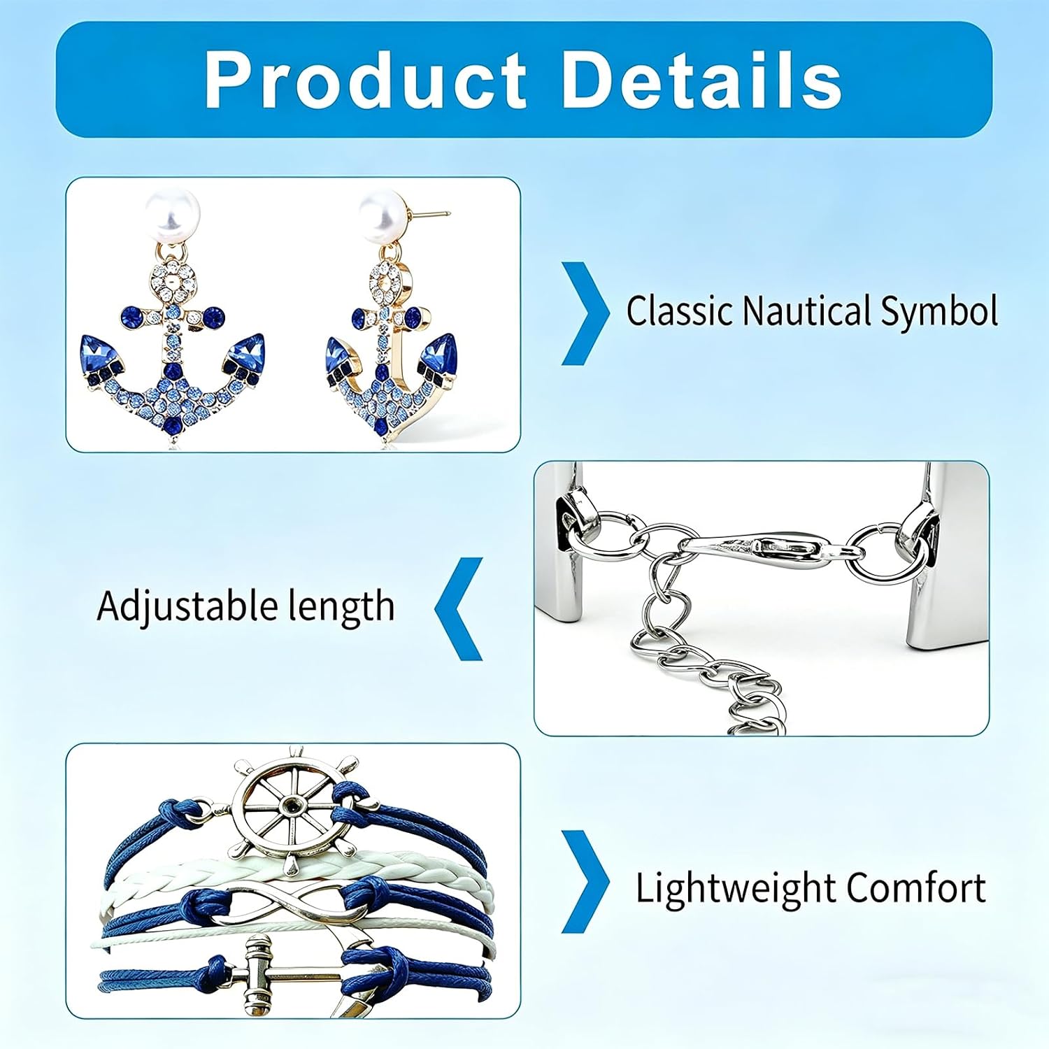 2 Pcs Anchor Earring Bracelet Set,Dainty Navy & White Nautical Jewelry