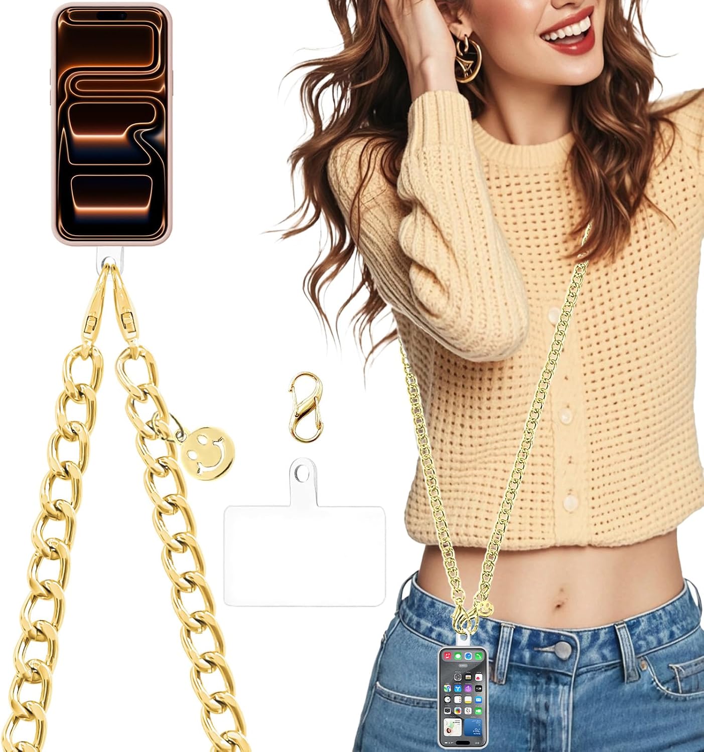 Phone Lanyard Crossbody with Tether Tab, Adjustable Phone Strap, Metal Phone Chain Lanyard, Cellphone Neck Strap for Travel Essentials, Compatible with iPhone, Smartphones, Gold