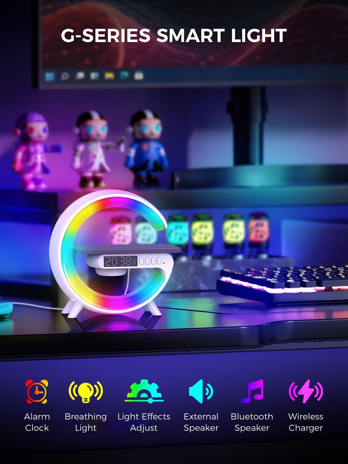 Smiling Shark Despertador Luz, Atmósfera Lampara Cargador Inalámbrico con Altavoz Bluetooth Botón Control 10 Modo de Luz Amanecer Simulación Inteligente LED Luces de Despertador para Decoración Hogar