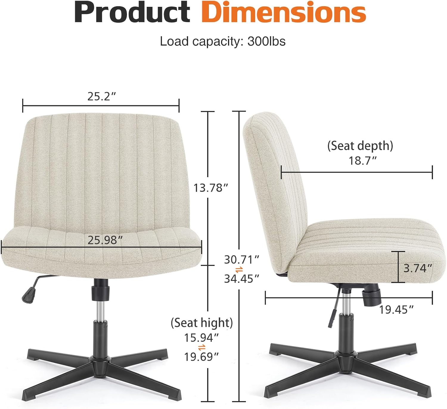 Detailed product dimensions of the NEWBULIG Armless Office Chair