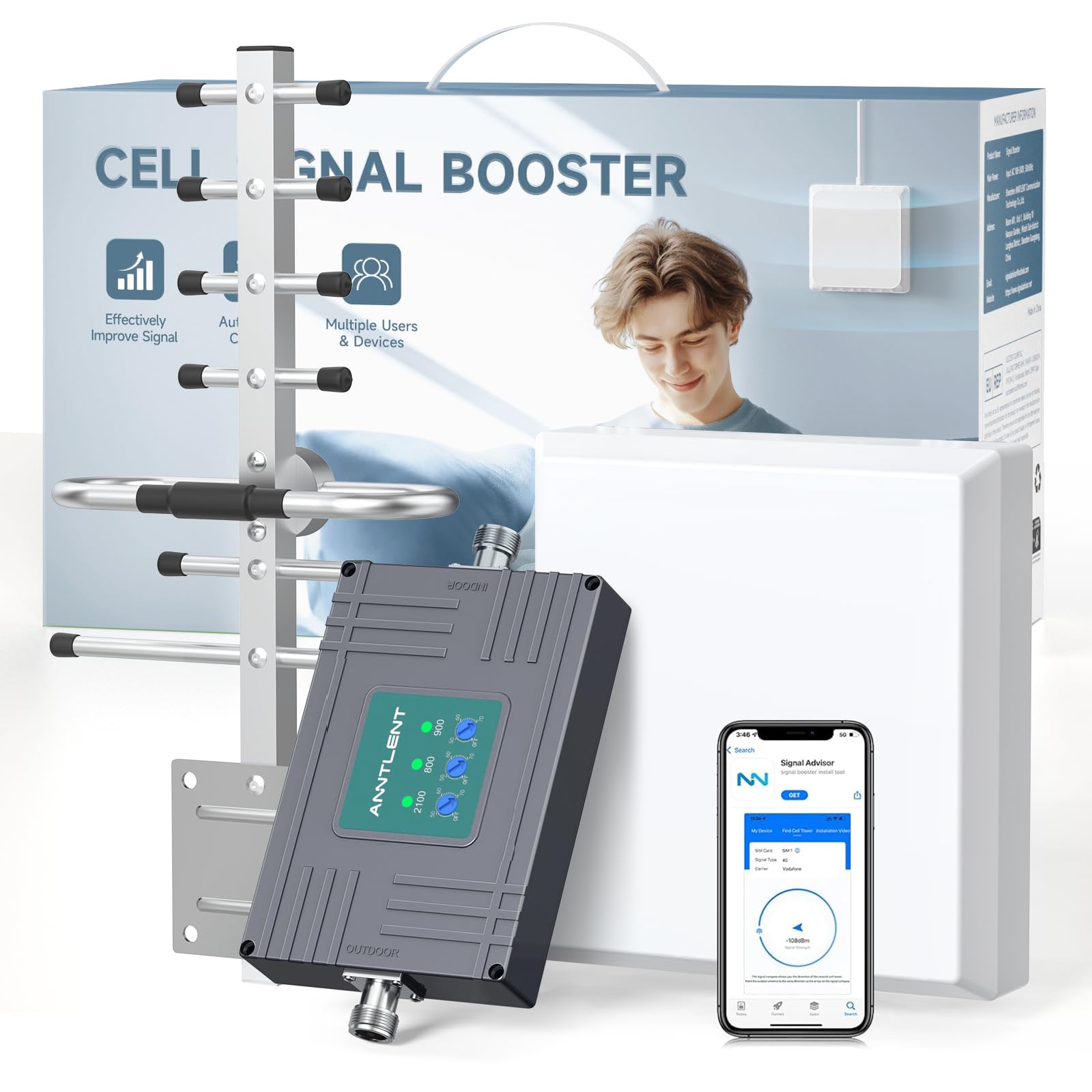 ANNTLENT Amplificateur de Signal Cellulaire - Bande 20/8/1 Répéteur GSM Amplificateur 4G 3G LTE pour La Maison Bureau Répéteur Signal Cellulaire Tous Les Opérateurs Couverture Jusqu'à