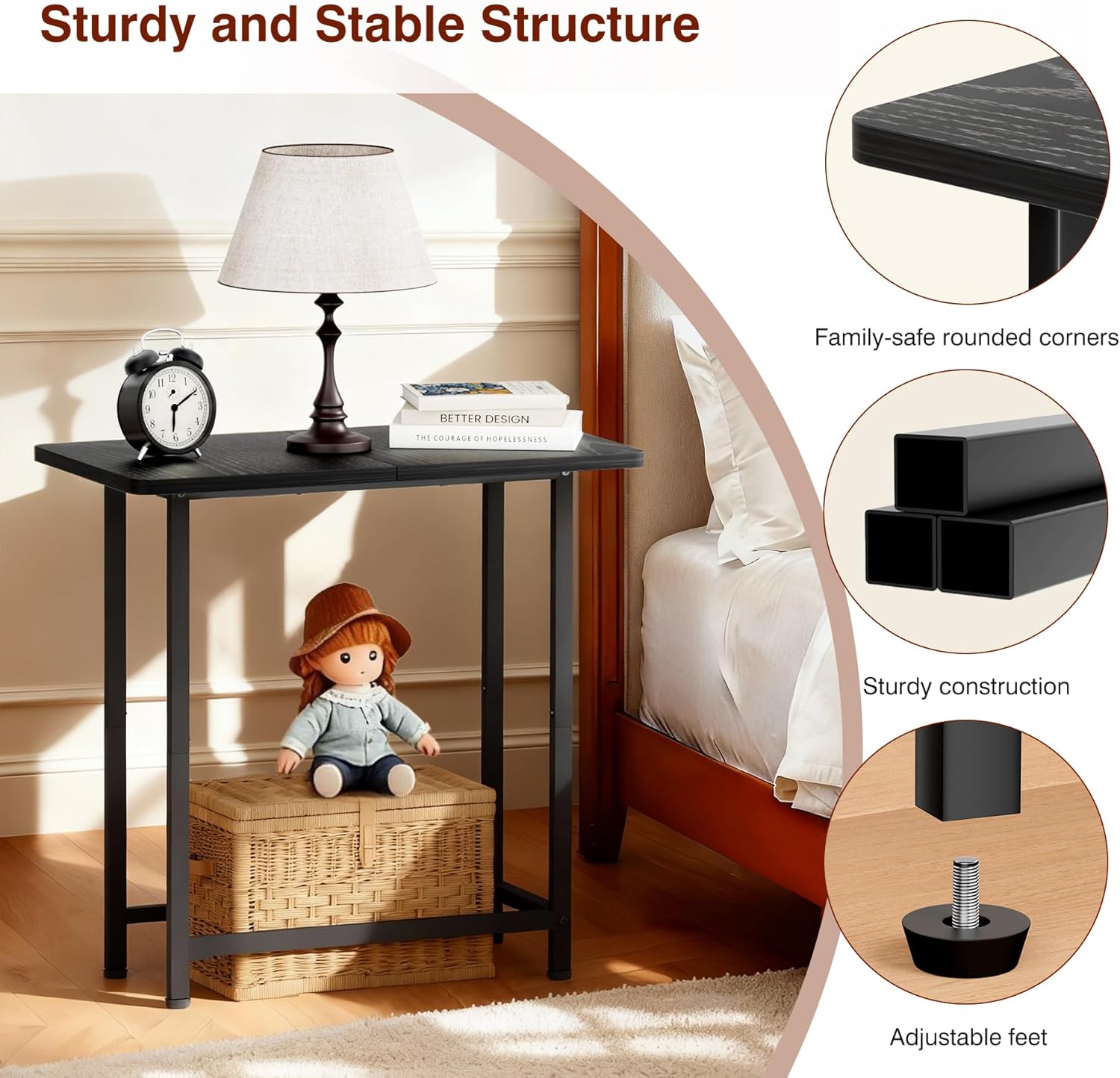 MISSLO Narrow End Table Living Room with Large Tabletop, Sofa Couch Side Table Bedroom Slim Nightstand for Small Space, Black