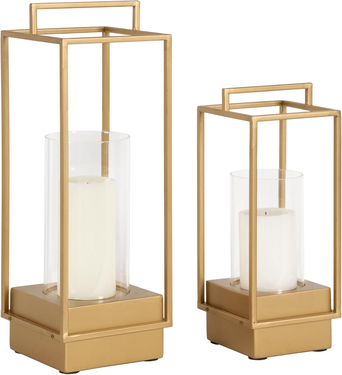 Kate and Laurel Brandt Gold Modern Glam 2-Piece Lantern Candle Holder Set, Wood Metal Sconces for Mantel Fireplace Display