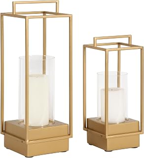 Kate and Laurel Brandt Gold Modern Glam 2-Piece Lantern Candle Holder Set, Wood Metal Sconces for Mantel Fireplace Display
