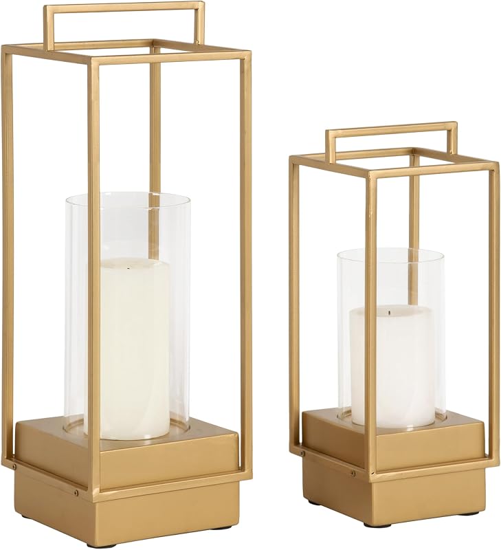 Juego de portavelas de dos piezas Brandt Modern Glam; 7x7x19; Oro; Candelabros de huracán de madera y metal de transición para exhibición de repisa de chimenea