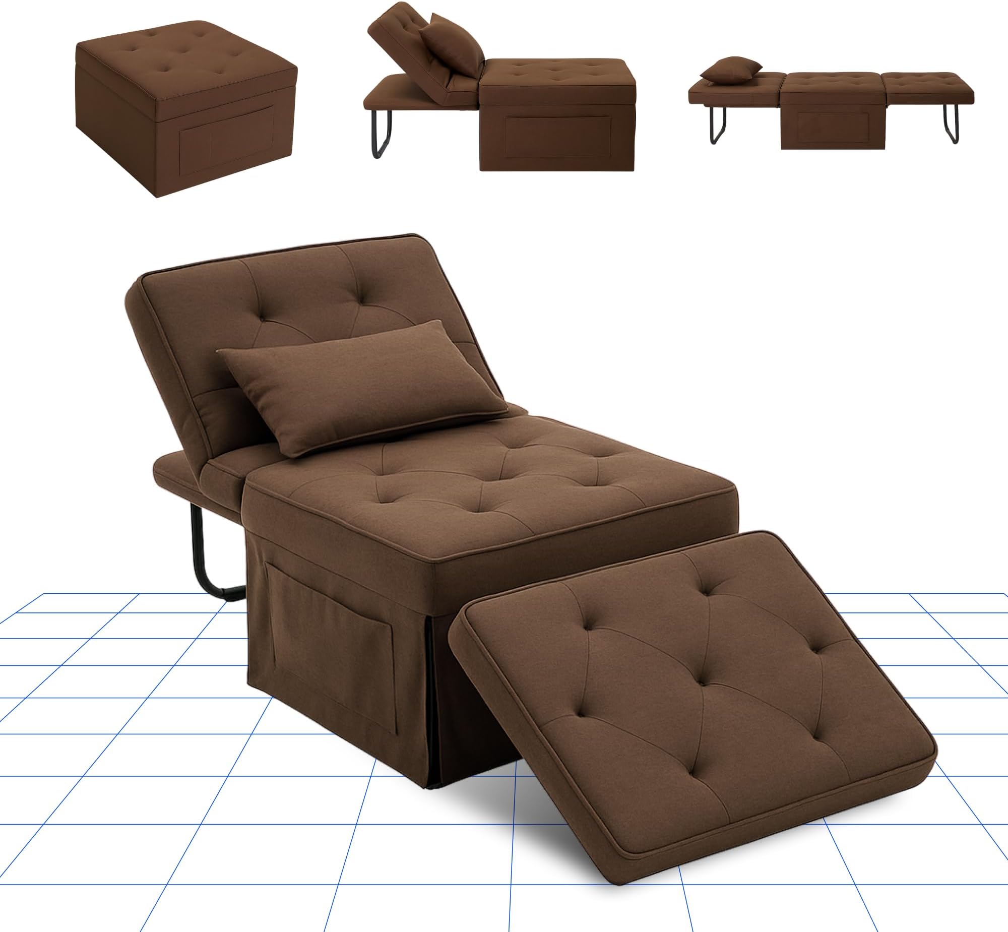 FLEXISPOT Folding Sofa Bed, 4-in-1 Single Sofa Chair with 6 Position Adjustable Backrest and Pillow for Living Room and Bedroom, Khaki