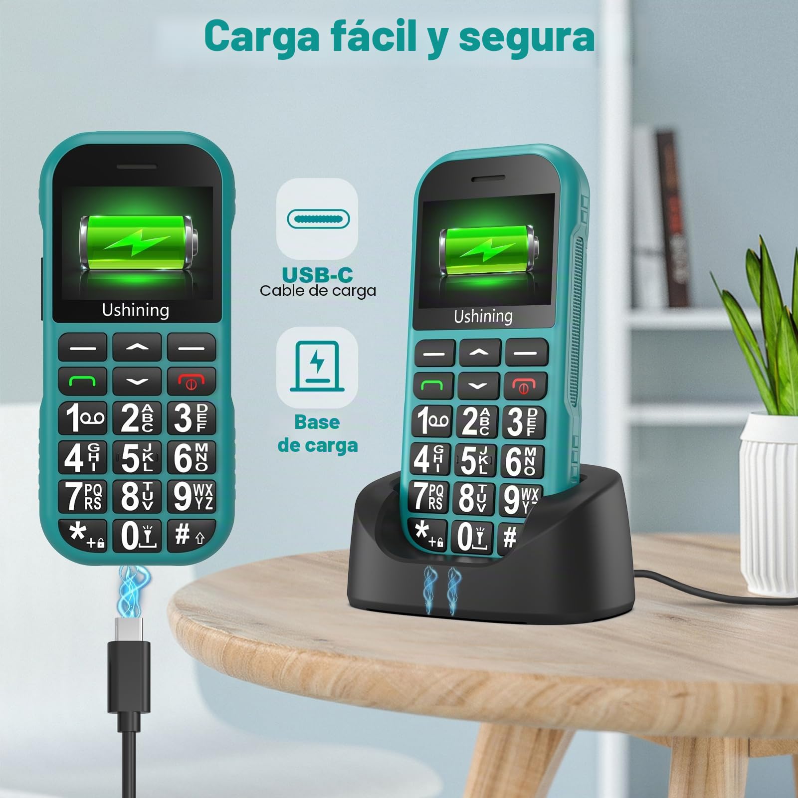 USHINING 4G Teléfono Móvil para Personas Mayores, Teléfono Móvil 4G con Teclas Grandes SOS Botón Linterna USB-C Despertador Marcación Rápida Base de Carga Batería de 1800 mAh, Fácil de Usar, Verde