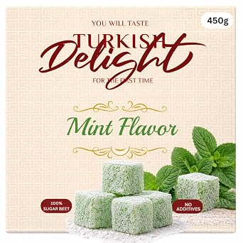 Turkish Delight Mint Flavor 450g 1lb - Traditional Lokum Candy with Refreshing Mint Taste - Soft Chewy Gourmet Dessert - No Additives - Made with Sugar Beet