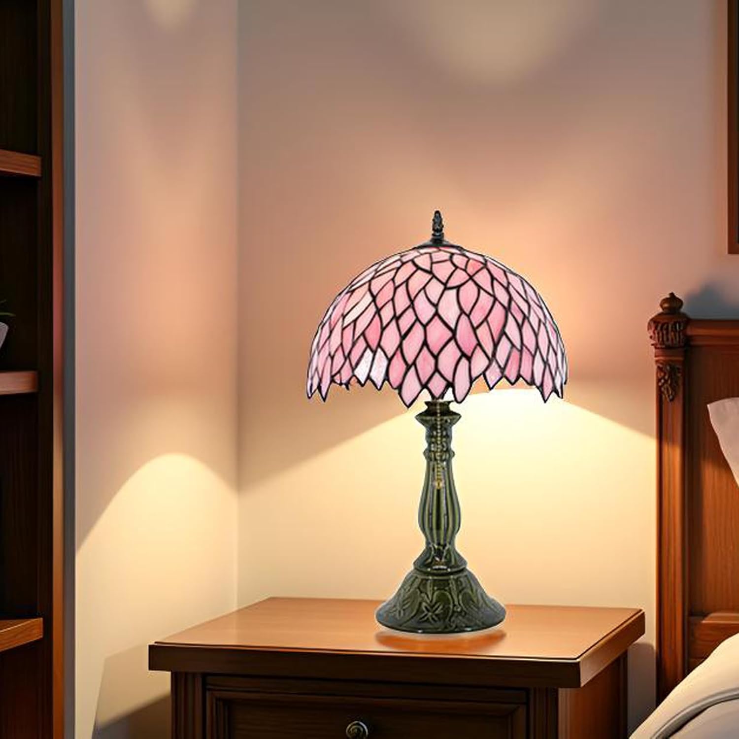 Tiffany Lamp Stained Glass Table Lamps Pink Leaf Style Desk Lamp12X12X18.5 Inch Bronze Ceramic Base Reading Light Suitable for Bedside Bedroom Living Room Dining Room Office