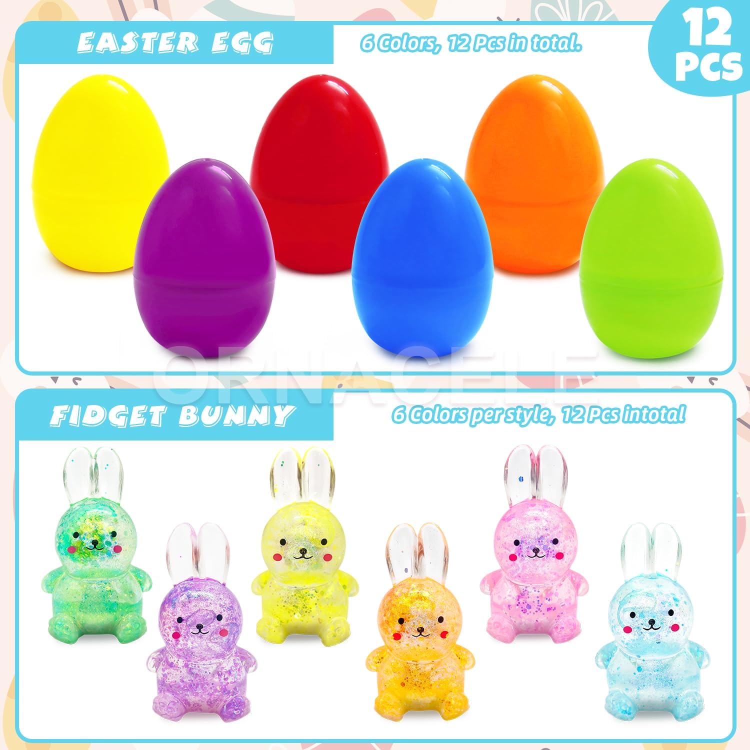 12PCS Easter Marble Eggs with Fidget Bunny for Party Favors, Supplies for Egg Hunt, Basket Stuffers/Fillers, Classroom Prize Supplies Toddler Boys Girls