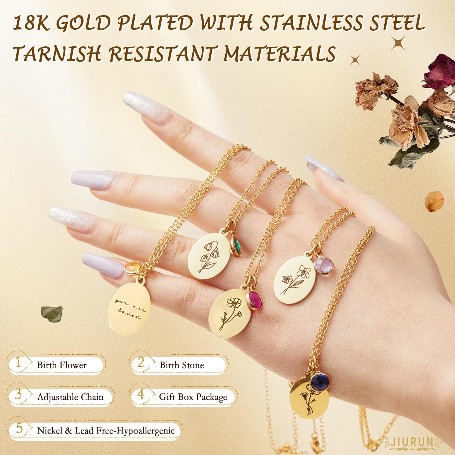 JIURUN Birth Flower Necklace for Women Mom,18K Gold Plated Dainty Birthstone Pendant Handmade Necklaces Personalized Floral Pendant Birthday Gifts Mothers Day Valentines Day Gift For Women - Image 2