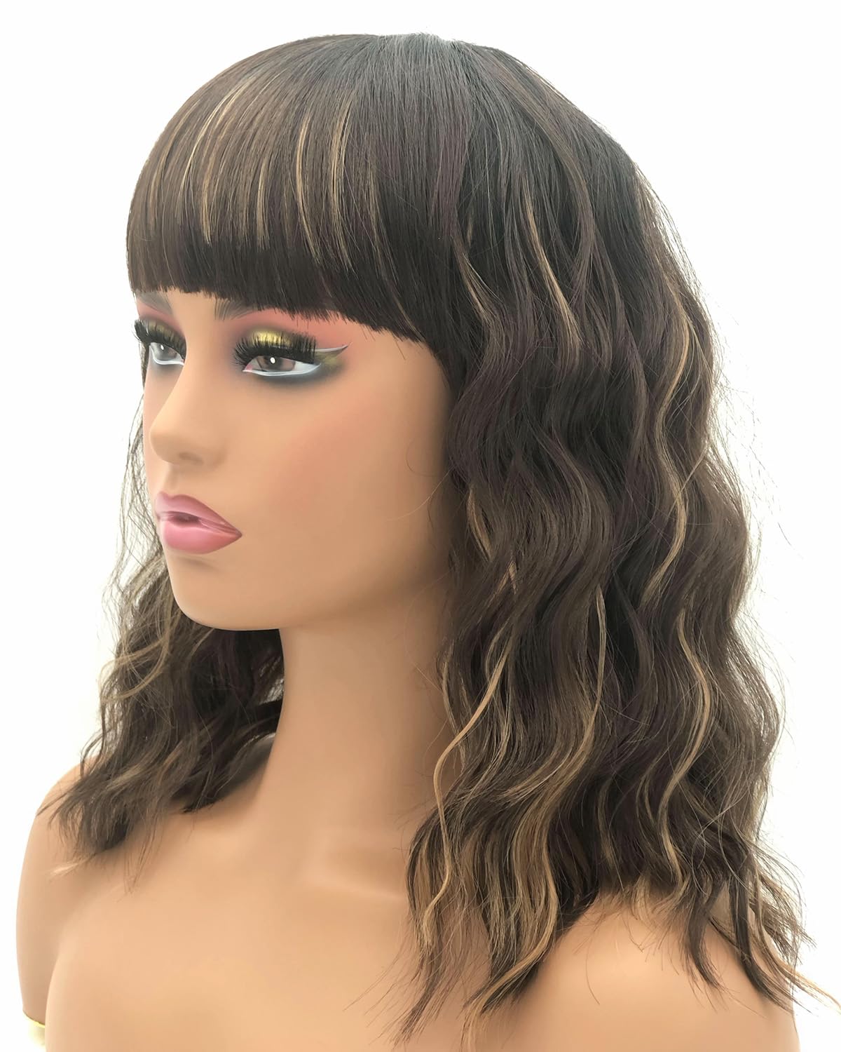 Short Wavy Bob Wig with Bangs Black Mixed Brown Wigs Women Girls Shoulder Length Bob Curly Wigs Heat Resistant Synthetic Wig Daily Party Cosplay Wig Black/Brown Bob Curly Wavy