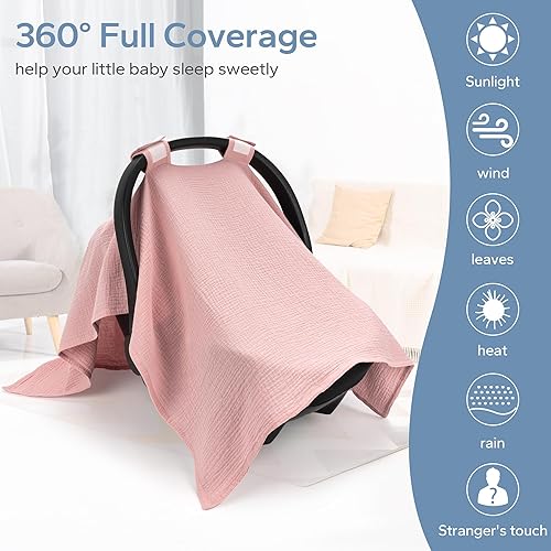 Miniatura 6 de SERAPHY Funda de asiento de automóvil 100% muselina de algodón, fundas universales para asiento de automóvil, toldo transpirable para niños y niñas,