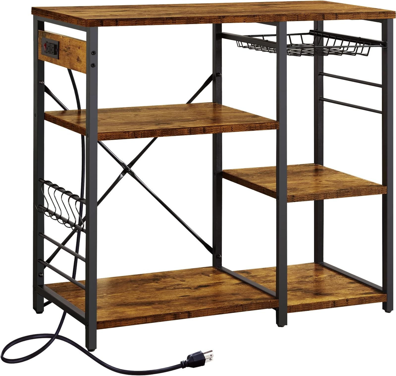 SUPERJARE Kitchen Bakers Rack with Power Outlet, Coffee Bar Table Station, Microwave Stand with 6 S-Shaped Hooks, Wire Basket, Storage Shelf - Rustic Brown