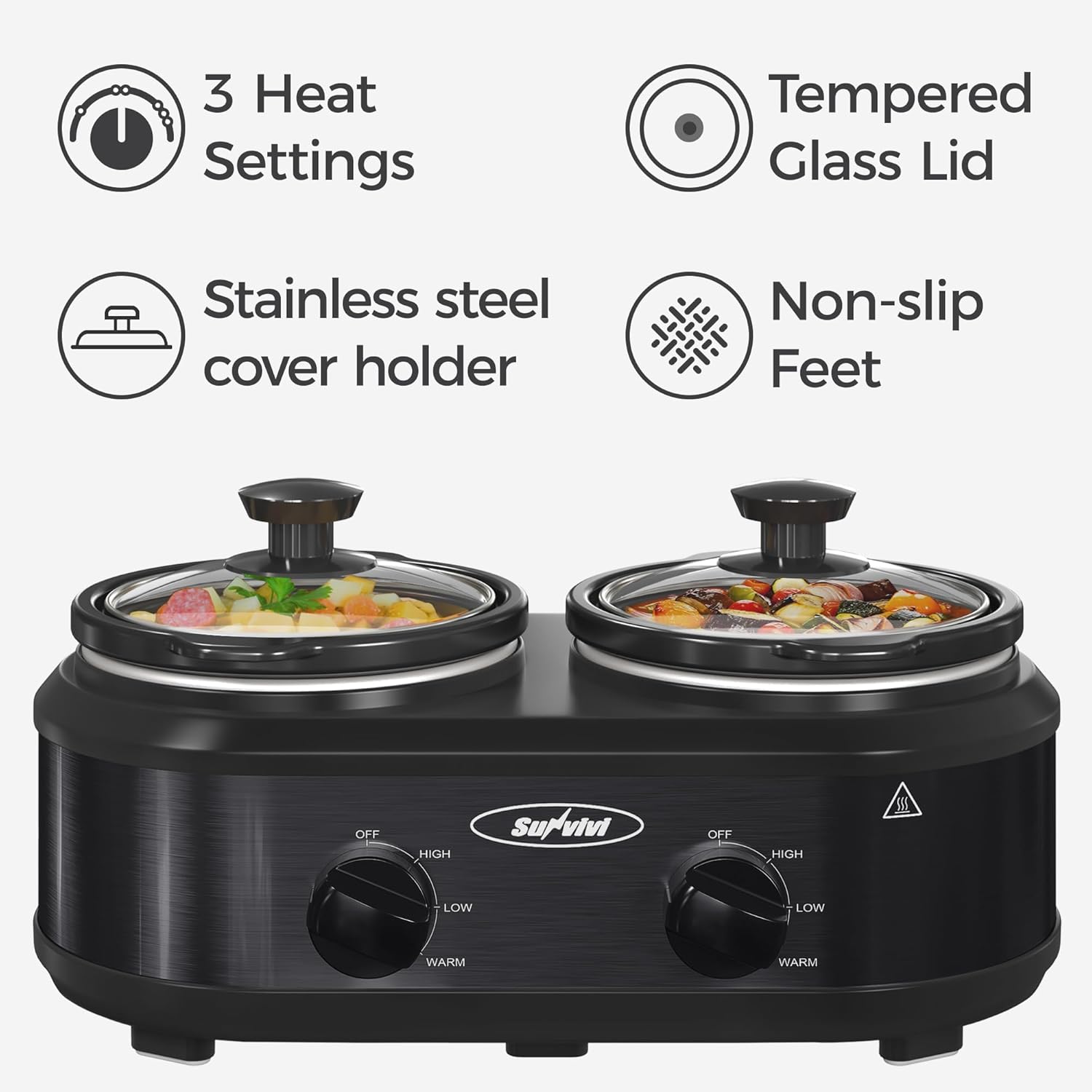 Sunvivi Double Slow Cooker,2 Pot Small Mini Crock Buffet Servers and Warmer,Dual Pot Oval Manual Slow Cooker with Adjustable Temp Removable Ceramic Pot,Stainless Steel, Total 2 * 1.25 Quarts Black