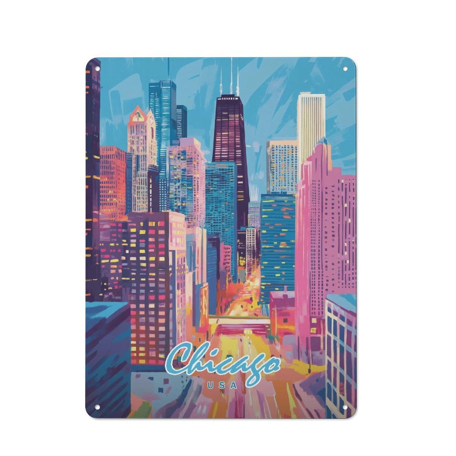 Junmoney Style-19 Chicago Skyline Art Print Decorative Metal Plaque 40X30cm, Shop Front Style Bistro Wall Plaque For Tea Room, Shop Wall Or Breakfast Area