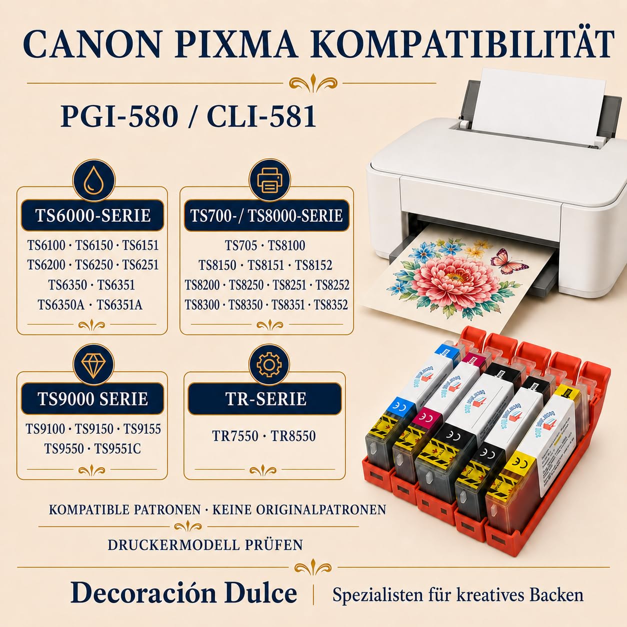 5 x Lebensmittelpatronen kompatibel mit Canon PGI-580 und CLi-581. Die Lebensmittelfarbe enthält kein Gluten. Bitte überprüfen Sie die Kompatibilität vor dem Kauf
