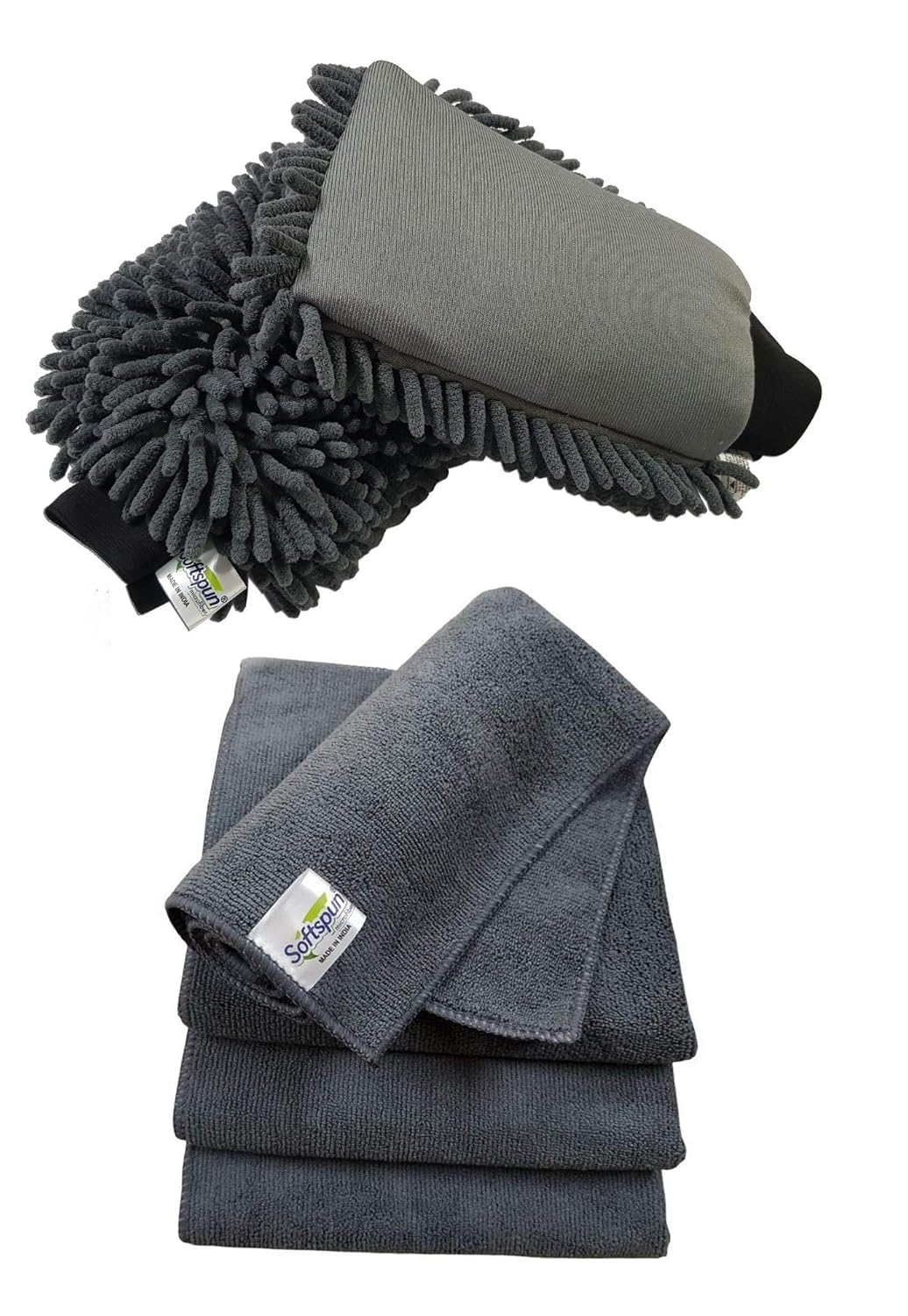 SOFTSPUN Microfiber Chenille & Single-Side Gloves 1700 GSM with Towel 340 GSM, 4 Piece Combo Grey, Multi-Purpose Super Absorbent and Perfect Wash Clean with Lint-Scratch Free Car, Dusting!-image-21