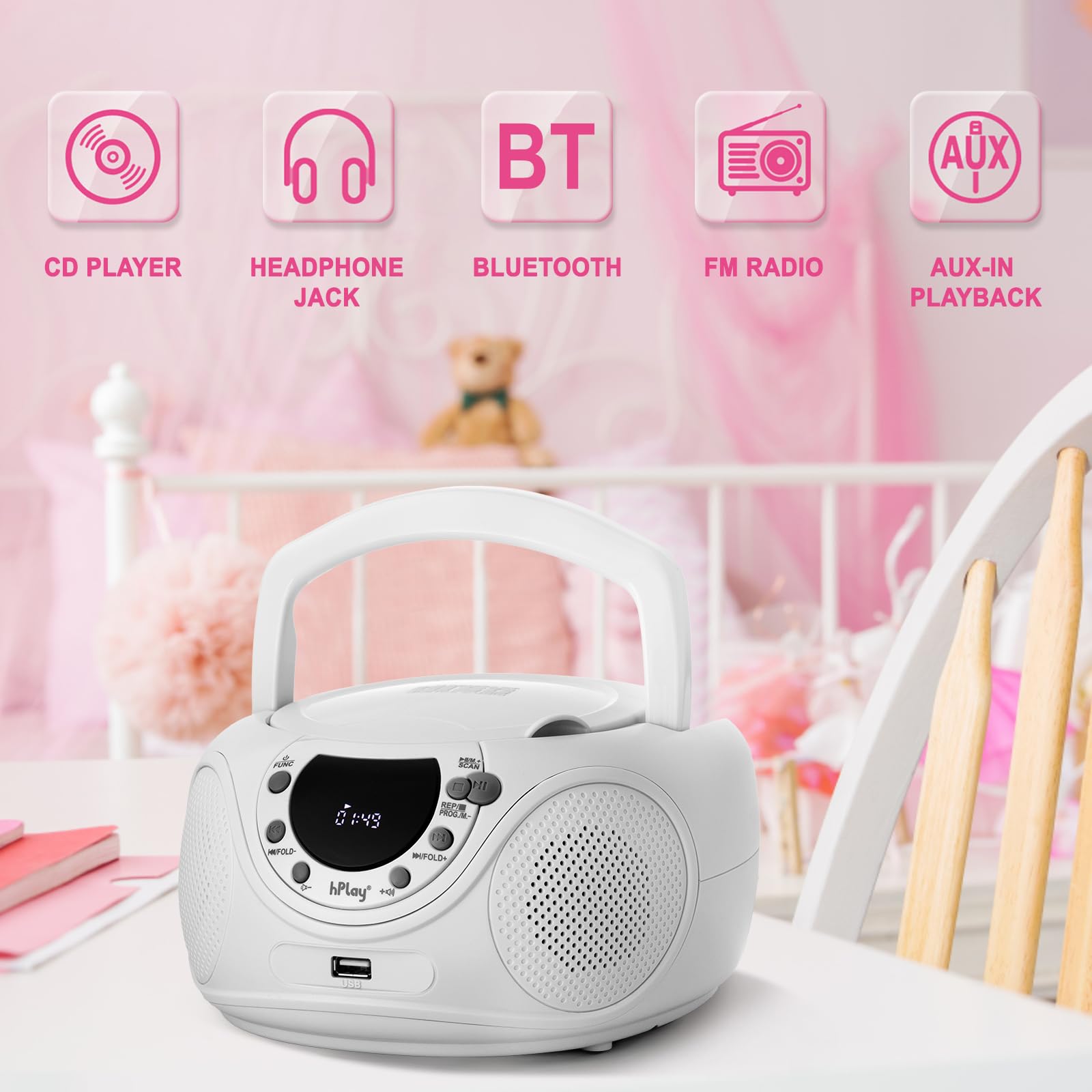 hPlay P16 przenośny odtwarzacz CD Boombox z Bluetooth, biały