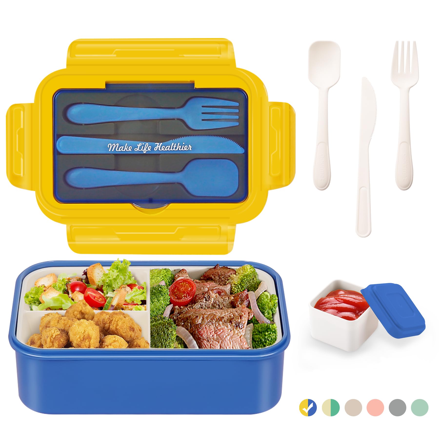 Kelsin Bento Box 1300ml - 3 Fächer, Mit Besteck & Suppentasse, Mikrowellengeeignet