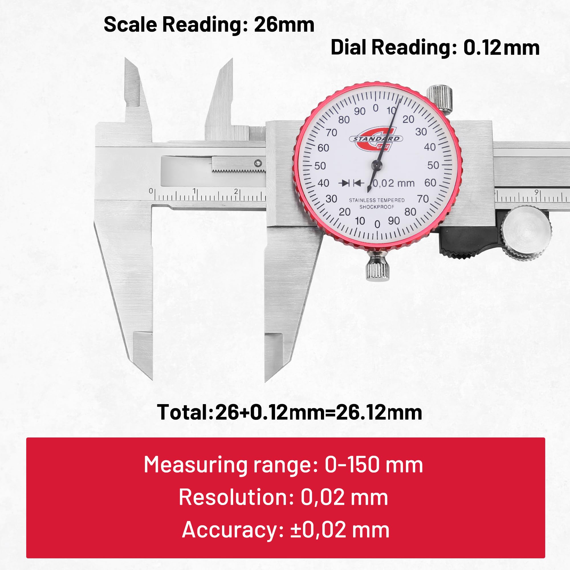 Suwmiarka metryczna z suwmiarką, zakres 0-150 mm, precyzyjna suwmiarka analogowa, dokładność ±0,02 mm, ręczna mechaniczna, metalowa, ze stali nierdzewnej, z 4-kierunkowym pomiarem